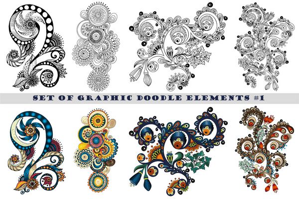 مجموعه طرح حنا پیزلی mehndi doodles انتزاعی وکتور گل عنصر 1 نسخه سیاه و سفید به علاوه رنگی