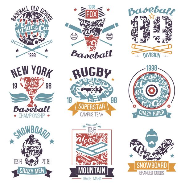 نمادهای ورزشی بیسبال راگبی اسنوبرد اسکیت بورد طراحی گرافیکی برای تیشرت چاپ رنگی روی زمینه سفید