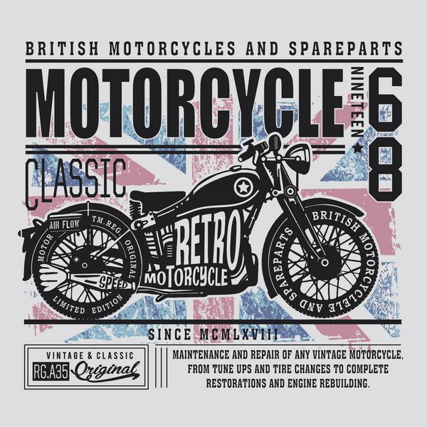 تایپوگرافی موتور سیکلت بریتانیایی قدیمی گرافیک تی شرت وکتور