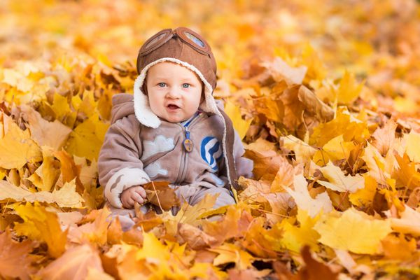 کودک ناز در برگ های پاییزی اول پاییز