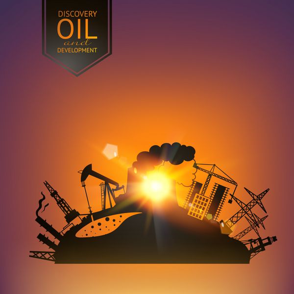 تصویر صنعت نفت در پرتوهای غروب خورشید وکتور