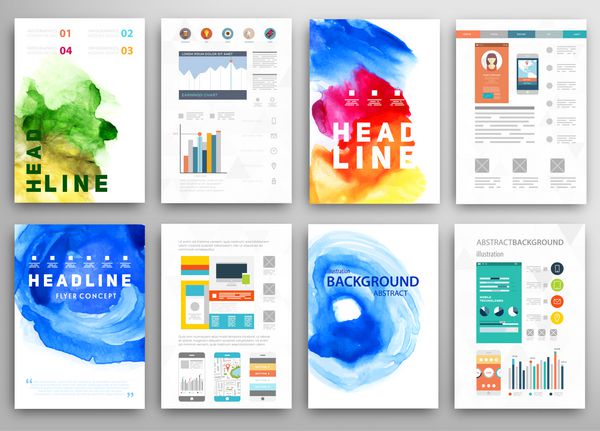 مجموعه ای از قالب های وکتور پوستر با رنگ آبرنگ پس زمینه انتزاعی برای اسناد تجاری آگهی ها پوسترها و پلاکاردها