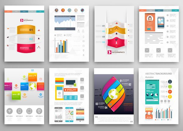 مجموعه ای از بروشور قالب های طراحی بروشور پس زمینه های مدرن انتزاعی مثلثی هندسی مفهوم اینفوگرافیک فناوری‌های موبایل اپلیکیشن‌ها و خدمات آنلاین