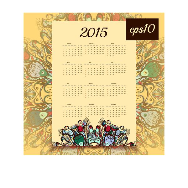تقویم وکتور سال 2015 به سبک قومی مهندی mandala ornament می توان برای طراحی چاپ استفاده کرد