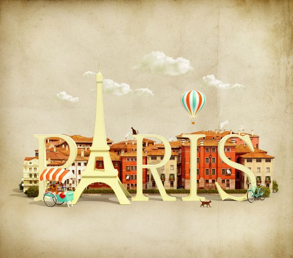 کلمه پاریس در میدان با ساختمان های قدیمی شهر اروپایی مفهوم سفر unus