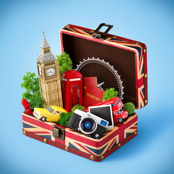 جعبه باز شده با پرچم بریتانیا و بناهای معروف لندن در داخل مفهوم سفر unus