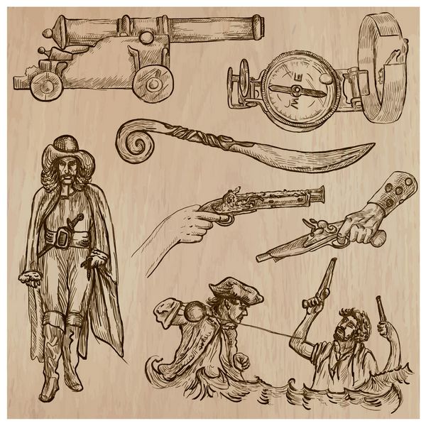 دزدان دریایی دزدان دریایی و ملوانان - مجموعه شماره 11 تصاویر طراحی شده با دست توضیحات هر نقاشی از سه لایه خطوط تشکیل شده است پس زمینه رنگی جدا شده است
