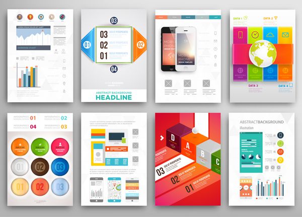 مجموعه ای از بروشور قالب های طراحی بروشور پس زمینه های مدرن انتزاعی مثلثی هندسی مفهوم اینفوگرافیک فناوری‌های موبایل اپلیکیشن‌ها و خدمات آنلاین