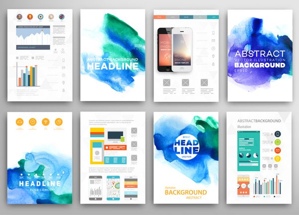 مجموعه ای از قالب های وکتور پوستر با رنگ آبرنگ پس زمینه آکواریل انتزاعی برای آگهی های تجاری پوسترها و پلاکاردها مفهوم فناوری های تلفن همراه آیکون های وب و اینفوگرافیک به سبک مسطح