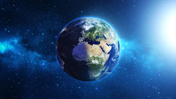 سیاره زمین با خورشید در کیهان یا sp زمین و کهکشان در یک ابر سحابی عناصر این تصویر سه بعدی ارائه شده توسط ناسا