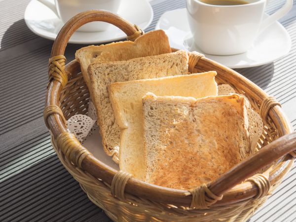 غذای صبحانه شامل تکه نان در سبد روی میز با پس زمینه قهوه و نوشیدنی