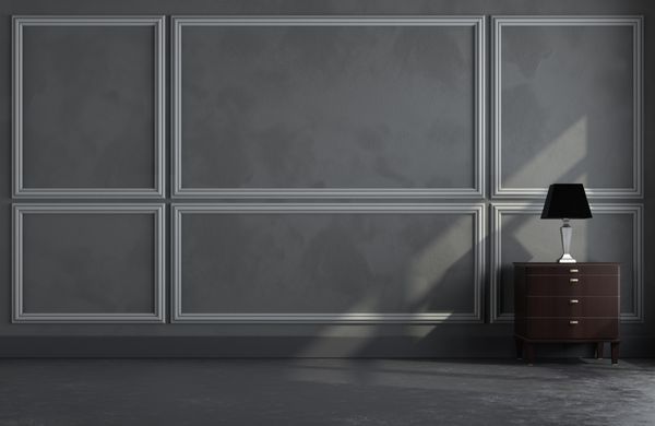 رندر سه بعدی اتاق خاکستری کلاسیک با قالب گیری روی دیوار