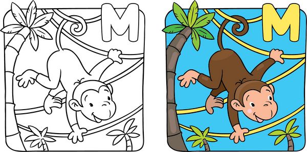 تصویر رنگ آمیزی یا کتاب رنگ آمیزی میمون بامزه کوچک روی لیان نزدیک کف دست الفبای م