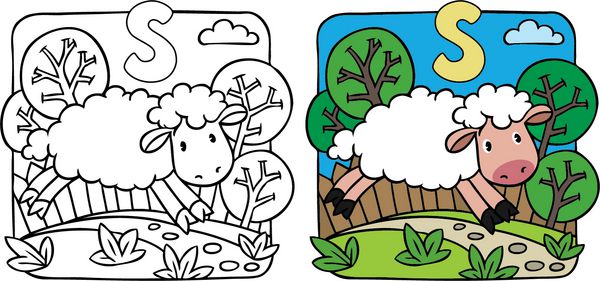 تصویر رنگ آمیزی یا کتاب رنگ آمیزی گوسفند خنده دار کوچکی که در طول مسیر می دود حروف الفبا s