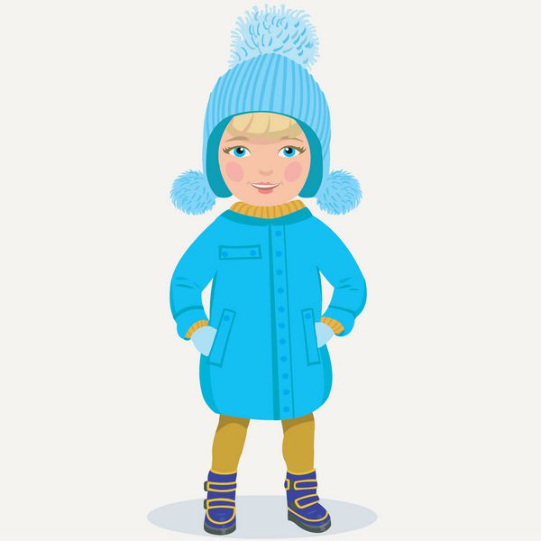 دختر کوچولوی ناز با کلاه و ژاکت آبی زمستانی