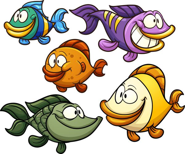ماهی کارتونی رنگارنگ وکتور وکتور کلیپ آرت با شیب های ساده هر کدام در یک لایه جداگانه