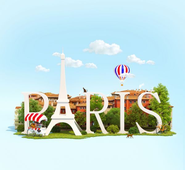 کلمه پاریس روی چمن در پارک با ساختمان های شهر اروپایی مفهوم سفر unus
