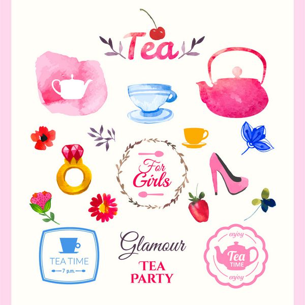 عناصر چای مجموعه آبرنگ سنت نوشیدن چای مجموعه ای از عناصر تزئینی به سبک ous دست ساز