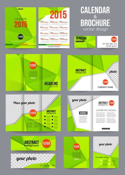 مجموعه ای از قالب های لوازم التحریر تجاری شرکت ها بروشور چکیده و طراحی تقویم 2015 پس زمینه مدرن پشت و جلو بروشور وکتور