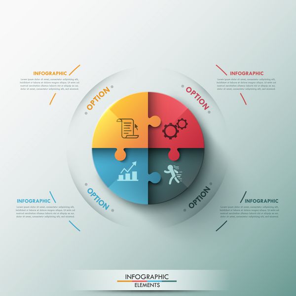 بنر گزینه های اینفوگرافیک مدرن با دایره ساخته شده از 4 عنصر پازل بردار می تواند برای طراحی وب و طرح گردش کار استفاده شود