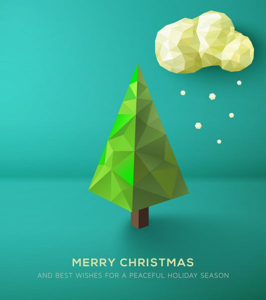 کارت کریسمس درخت چند ضلعی هندسی در برابر منظره سبز وکتور