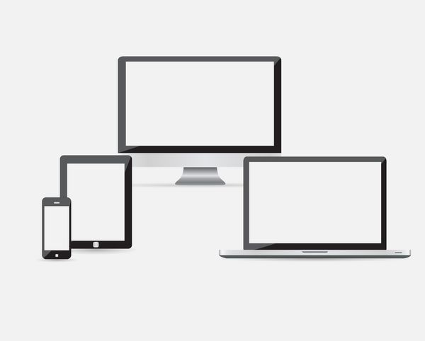 مجموعه وکتور با کیفیت بالا از دستگاه های با فناوری مدرن - مانیتور کامپیوتر لپ تاپ تبلت دیجیتال و تلفن همراه با صفحه خالی جدا شده در زمینه سفید