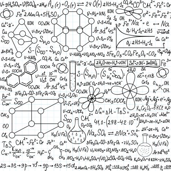 الگوی بدون درز وکتور شیمی با طرح‌ها فرمول‌ها و تجهیزات آزمایشگاهی دست‌نویس بر روی کاغذ کپی