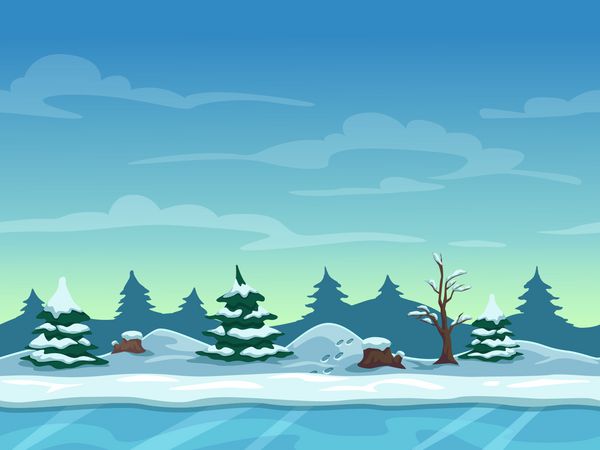 منظره زمستانی کارتونی بدون درز پس زمینه بی پایان با یخ تپه های برفی و لایه های آسمان ابری