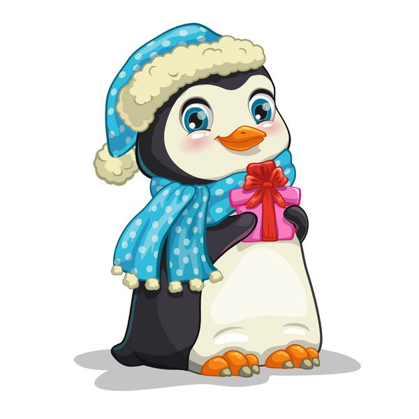 پنگوئن کارتونی زیبا با جعبه هدیه کلاه و روسری تصویر جدا شده در پس زمینه سفید