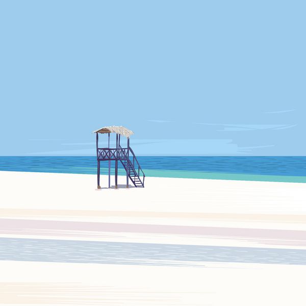 برج نجات غریق در ساحل شنی سفید با آسمان آبی و خورشید وکتور