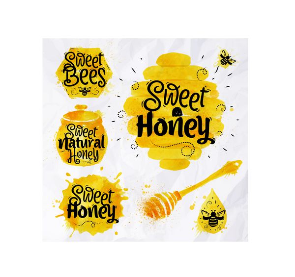 آبرنگ نمادها با موضوع لانه زنبور عسل کندو لکه بشکه با حروف عسل شیرین عسل طبیعی زنبورهای شیرین