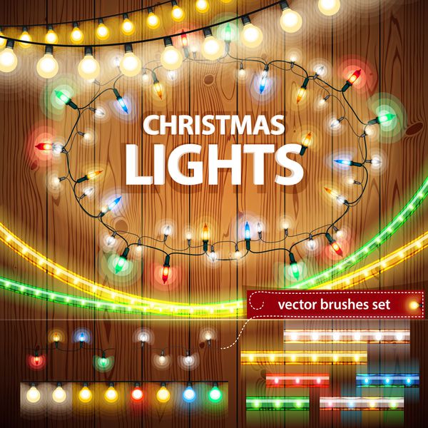 مجموعه تزیینات چراغ های کریسمس برای طراحی جشن برس های الگوی استفاده شده گنجانده شده است