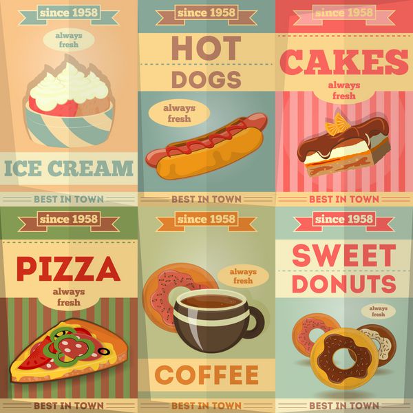 مجموعه پوستر غذا با بستنی سگ کیک پیتزا قهوه دونات تبلیغ کنید وکتور