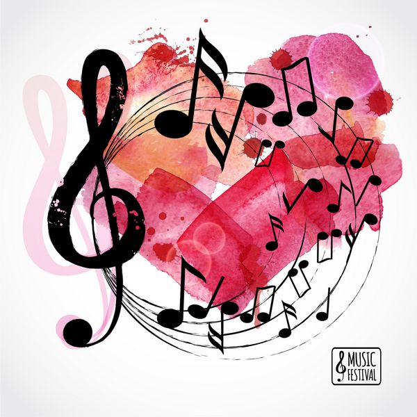 پس زمینه موسیقی قالب پوستر قلب آبرنگ با نت های موسیقی من عاشق کارت موسیقی هستم طراحی وکتور