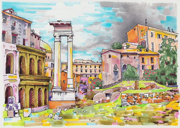 نقاشی نشانگر اصلی منظره شهری رم ایتالیا برای طراحی کارت سفر شما