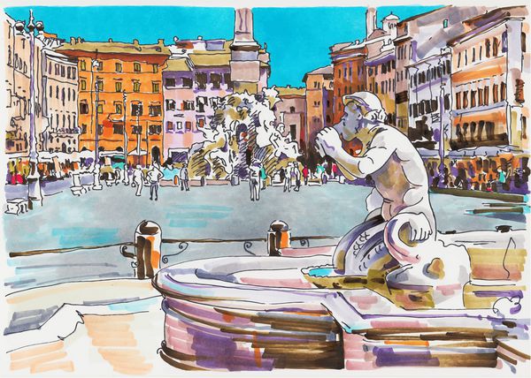 نقاشی نشانگر اصلی از منظره شهری رم ایتالیا برای طراحی کارت سفر شما جزئیات معماری فونتانا دل مورو یا فواره مورو میدان ناوونا