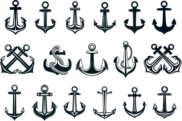 مجموعه ای هرالدیک از کشتی ها نمادهای لنگر سیاه و سفید با اشکال مختلف برخی با طناب و برخی از جفت های متقاطع برای مضامین دریایی وکتور
