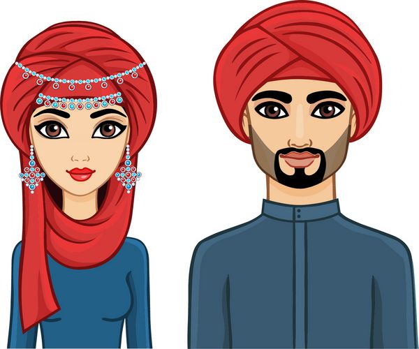 انیمیشن خانواده عرب زن و مرد با لباس های سنتی و عمامه جدا شده