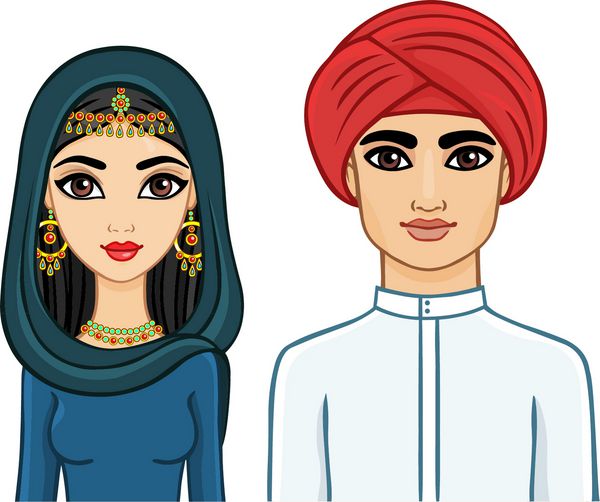 انیمیشن خانواده عربی زن و مرد با لباس و حجاب سنتی جدا شده