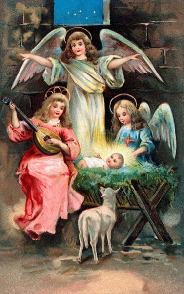 صحنه عیسی مسیح با فرشتگانی که کودک مسیح را احاطه کرده اند - تصویر قدیمی اوایل دهه 1900