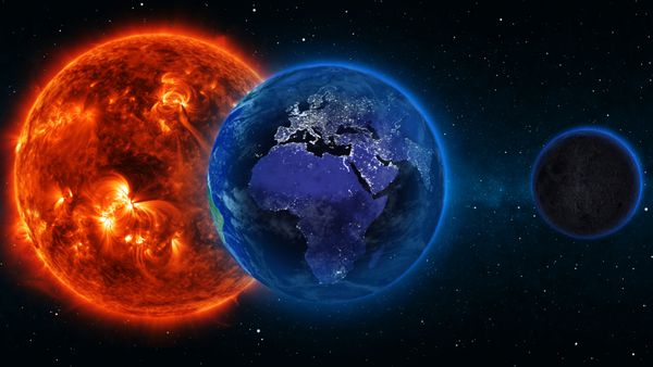 سیاره زمین با خورشید در جهان یا sp کره و کهکشان در یک ابر سحابی عناصر این تصویر سه بعدی ارائه شده توسط ناسا