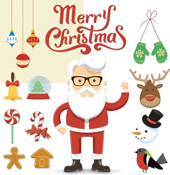 تصویرسازی شخصیت بابا نوئل با بسیاری از عناصر اشیاء کریسمس مجموعه وکتور کریسمس ازدواج کن
