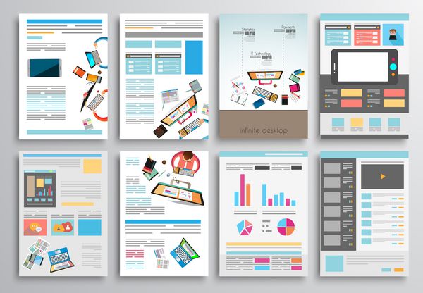 مجموعه ای از طراحی بروشور قالب های وب طرح های بروشور پس زمینه های فناوری فن آوری های تلفن همراه اینفوگرافیک و مفاهیم آماری و برنامه ها را پوشش می دهد