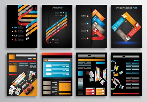 مجموعه ای از طراحی بروشور قالب های وب طرح های بروشور پس زمینه های فناوری فن آوری های تلفن همراه اینفوگرافیک و مفاهیم آماری و برنامه ها را پوشش می دهد