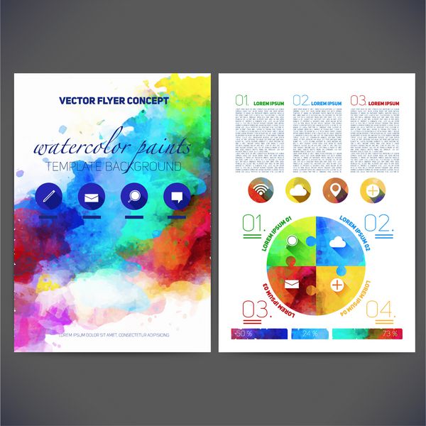 قالب وکتور انتزاعی طرح تخت بروشور بروشور وب سایت صفحه جزوه با پس زمینه های رنگارنگ آبرنگ آیکون ها لوگو و متن به صورت جداگانه برای شما