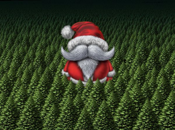 کارت کریسمس یا کارت پستال با شخصیت بابا نوئل یا بابا نوئل در جنگلی از درختان کاج به عنوان نمادی از جشن تعطیلات زمستانی و تبریک سال نو مبارک