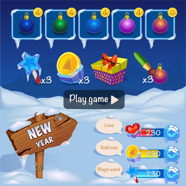 طراحی بازی interf آیکون ها دکمه های مجموعه زمستانی