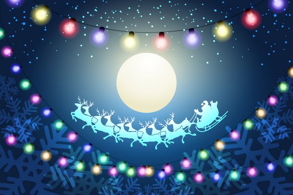 طرح گرافیکی مفهومی شب کریسمس با بابا نوئل سواری که از ماه می گذرد با گلدسته چراغ های کریسمس رنگارنگ