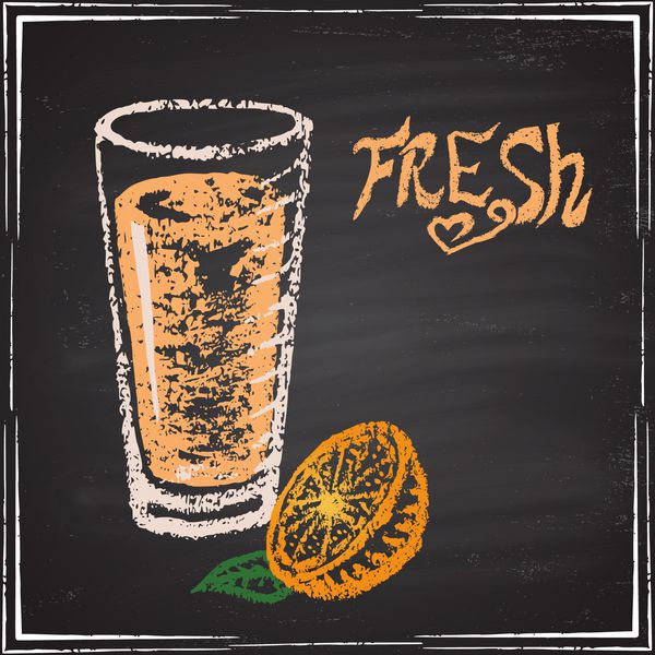لیوان رنگی آب میوه تازه نارنجی تصویر روی تخته گچی