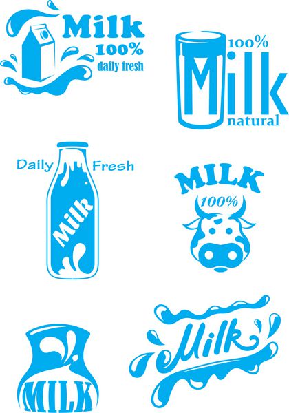 طرح برچسب‌ها و بنرهای شیر آبی جدا شده در زمینه سفید با متن شیر و صد در صد